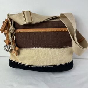 Brighton Purse Windstar “Windy” Brown Black Stripe Canvas Shoulder Bag W/Cover